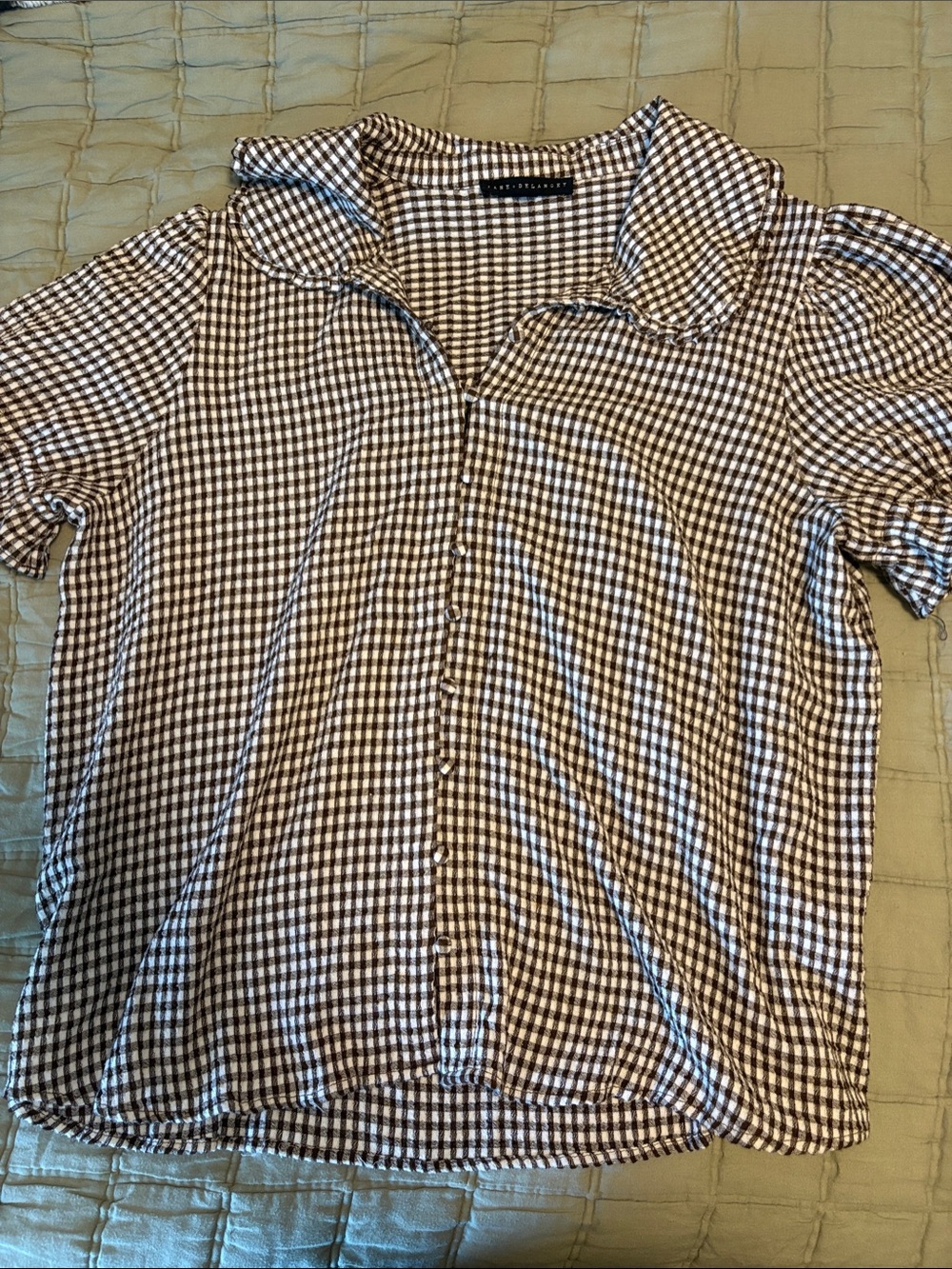 Jane and Delancey Brown and White Gingham Short-Sleeve Button-Down Shirt